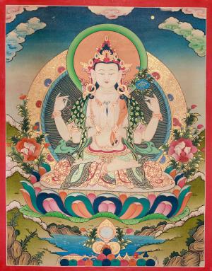 Original Hand-Painted Four Armed Chengrezig Thangka | Bodhisattva of Compassion